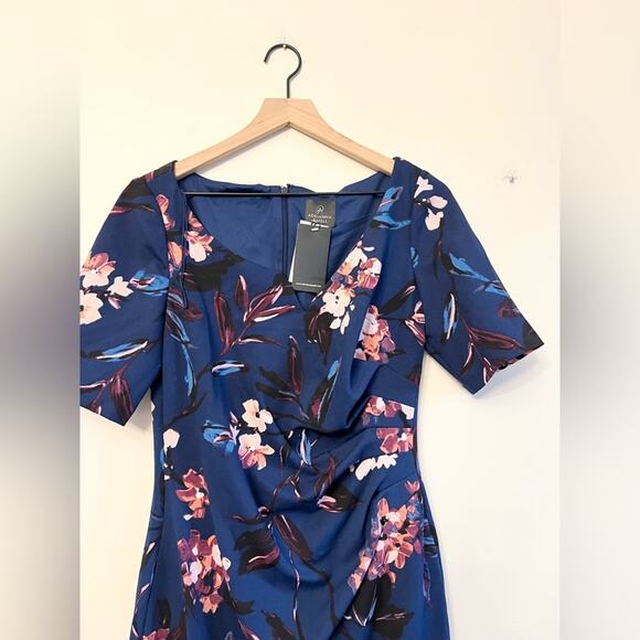 Adrianna Papell NWT blue floral short sleeve dress wedding guest office ruched - Picture 4 of 9